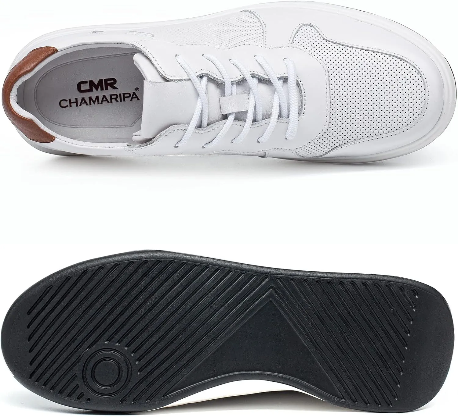 CHAMARIPA Hidden Heel Premium Leather Height Increase Low-Top Skate Shoes Men's Invisible Height Increasing Elevator Casual Fashion Sneaker