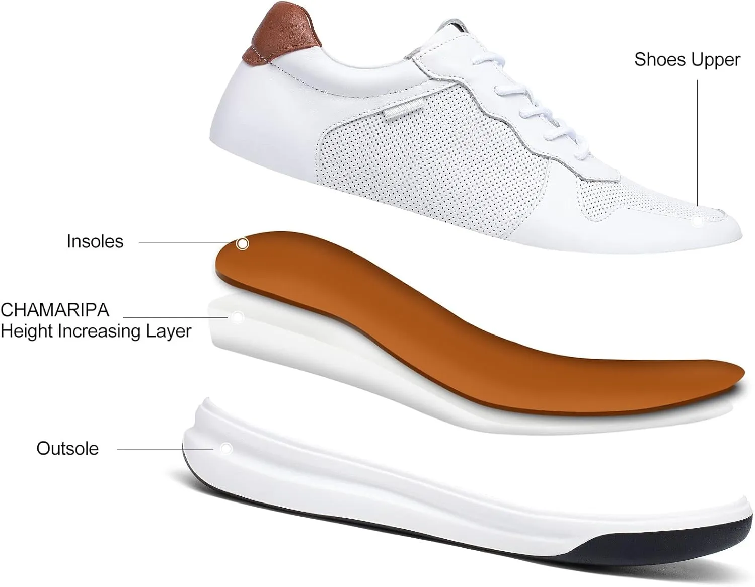 CHAMARIPA Hidden Heel Premium Leather Height Increase Low-Top Skate Shoes Men's Invisible Height Increasing Elevator Casual Fashion Sneaker