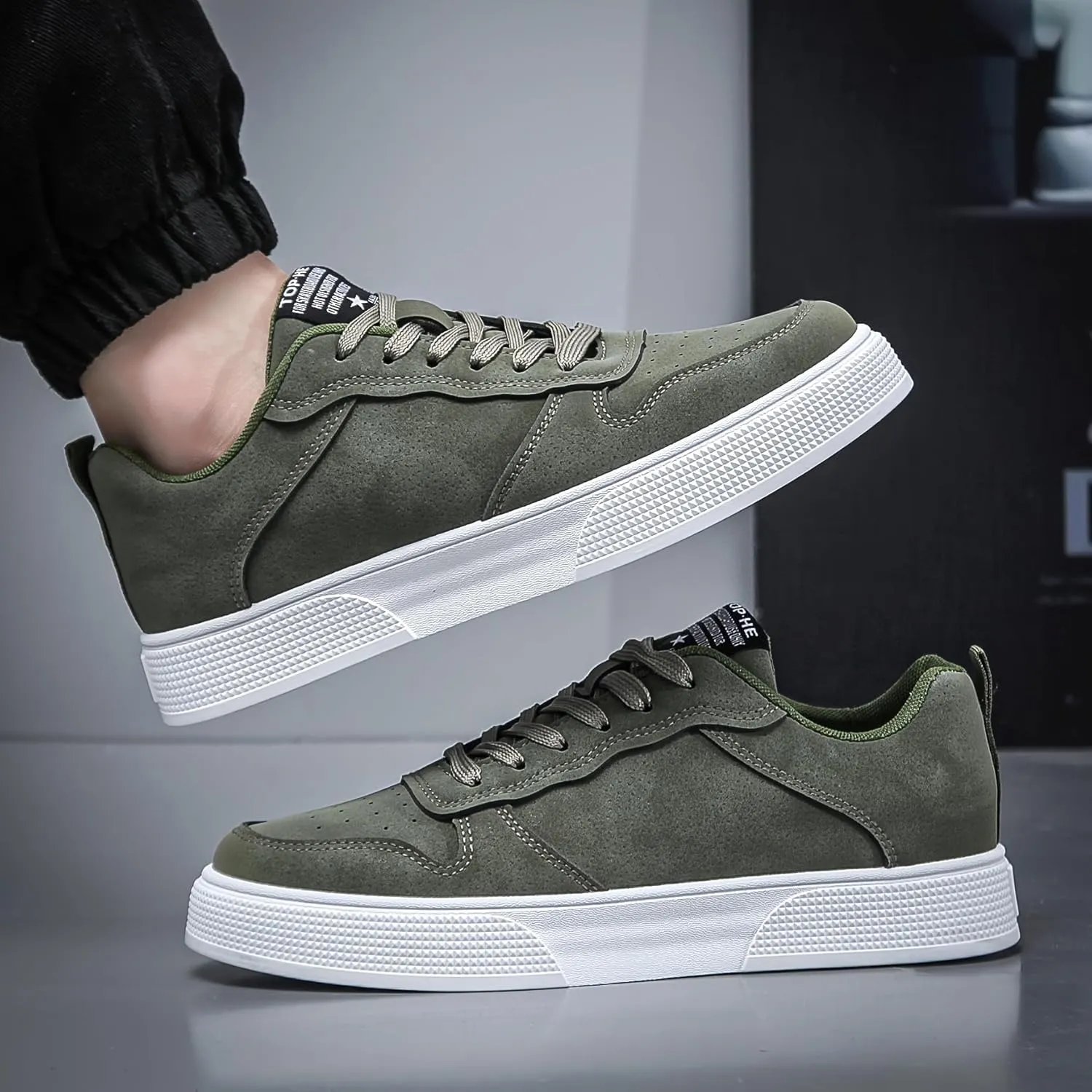 Everyday Comfort Men's Casual Lace-Up Sneakers - Olive Green Low-Top Skate Shoes with White Sole, Breathable Fabric Lining, and Durable PVC Outsole for All-Day Comfort