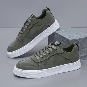 Everyday Comfort Men's Casual Lace-Up Sneakers - Olive Green Low-Top Skate Shoes with White Sole, Breathable Fabric Lining, and Durable PVC Outsole for All-Day Comfort