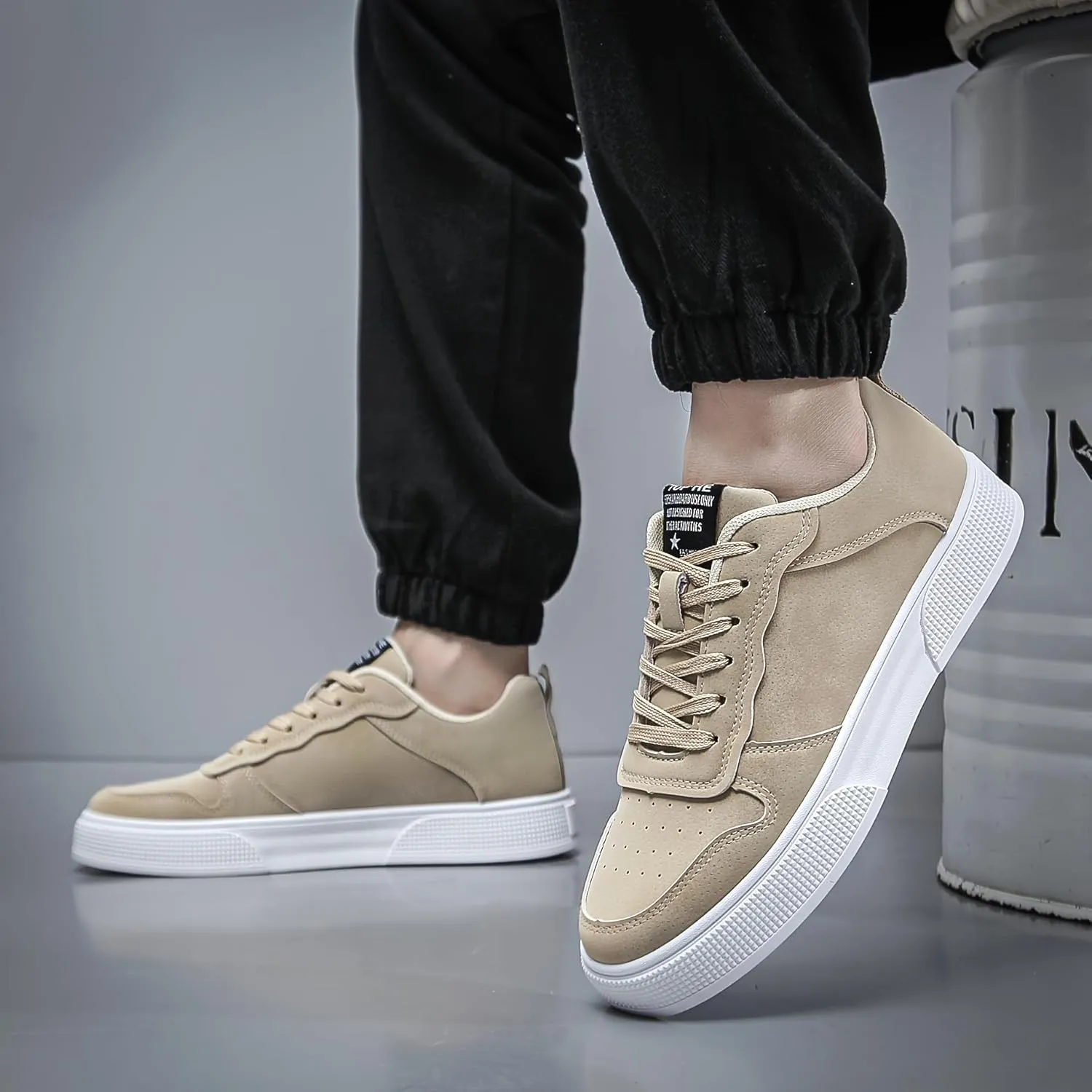 Everyday Comfort Men's Casual Lace-Up Sneakers - Olive Green Low-Top Skate Shoes with White Sole, Breathable Fabric Lining, and Durable PVC Outsole for All-Day Comfort