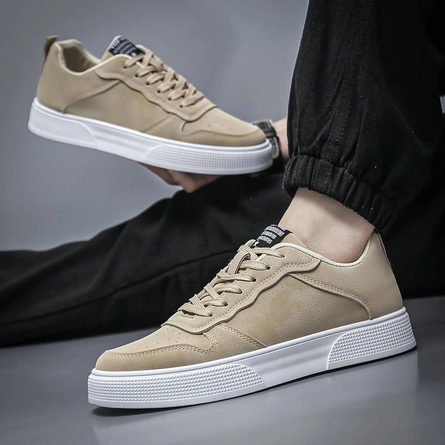 Everyday Comfort Men's Casual Lace-Up Sneakers - Olive Green Low-Top Skate Shoes with White Sole, Breathable Fabric Lining, and Durable PVC Outsole for All-Day Comfort