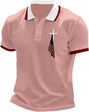 Men's Vintage USA Flag Polo Shirt Short Sleeve Quick Dry American Flag Printed Graphic Split Color Patriotic Shirts
