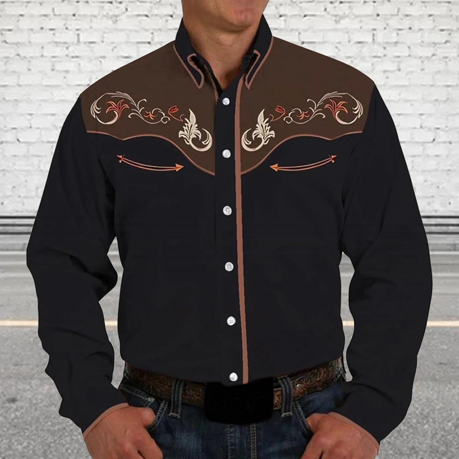 Men's Western Cowboy Shirt Vintage Embroidered Slim Long Sleeve Button Down Shirts Floral Design Retro Top