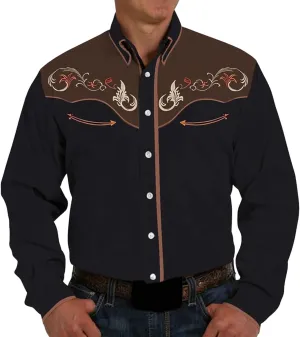 Men's Western Cowboy Shirt Vintage Embroidered Slim Long Sleeve Button Down Shirts Floral Design Retro Top