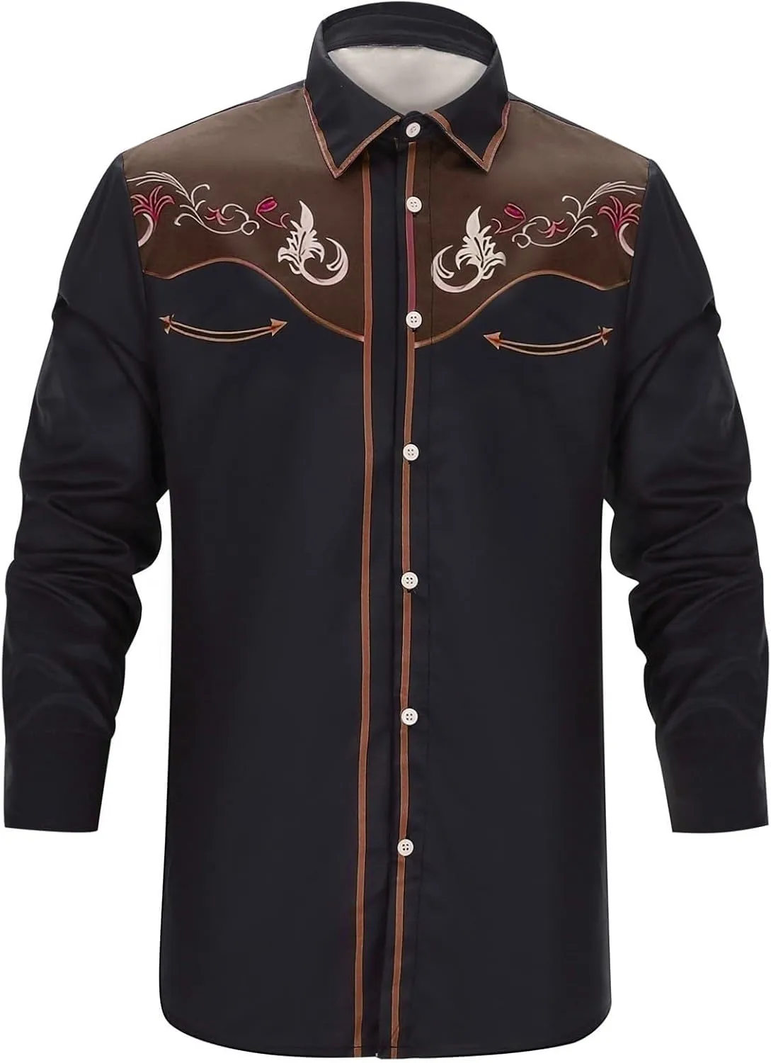 Men's Western Cowboy Shirt Vintage Embroidered Slim Long Sleeve Button Down Shirts Floral Design Retro Top