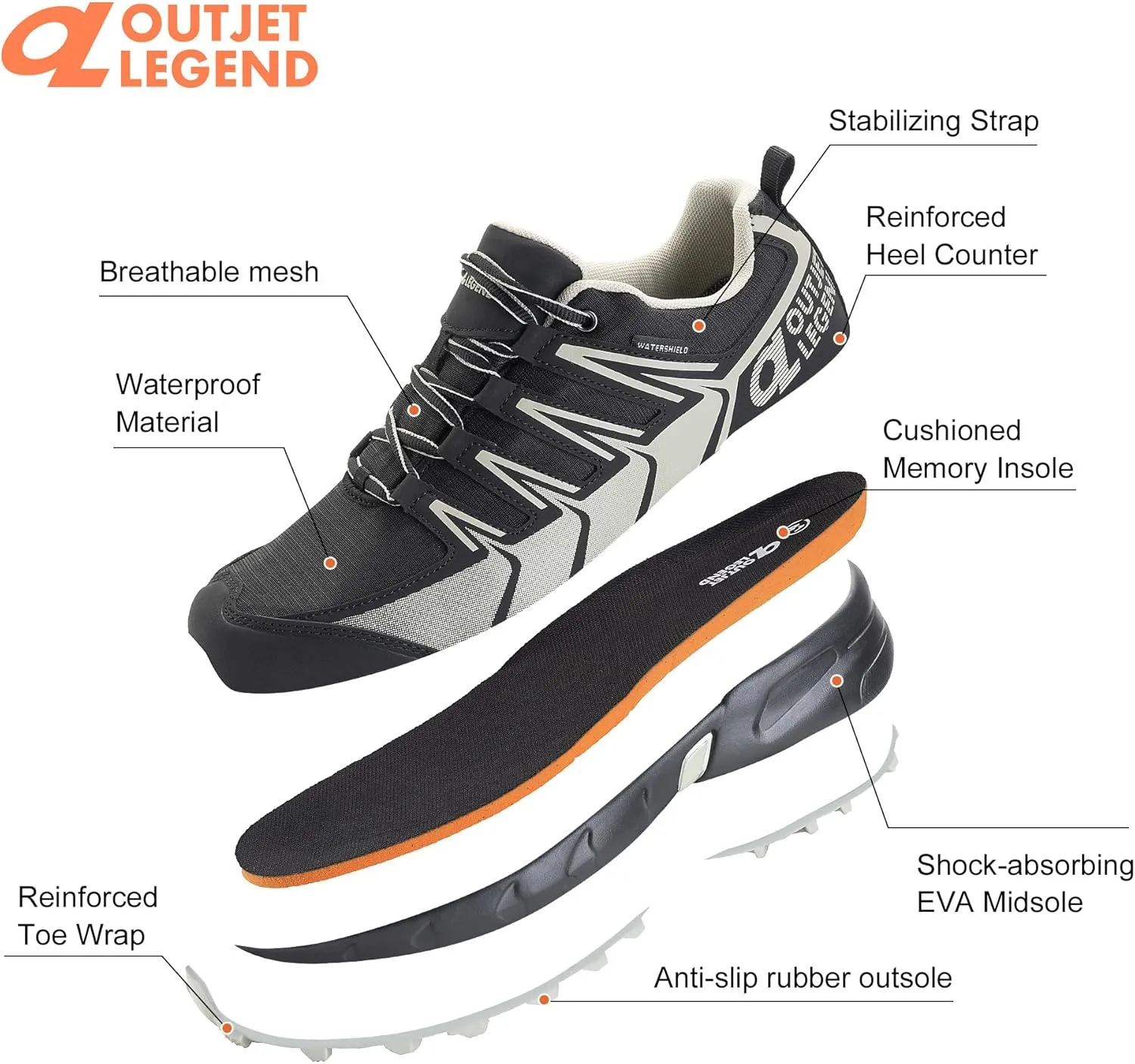 OL OUTJET LEGEND Men's Waterproof Hiking Shoes Lightweight Hiking Sneakers for Outdoor Walking Hiking Trailing