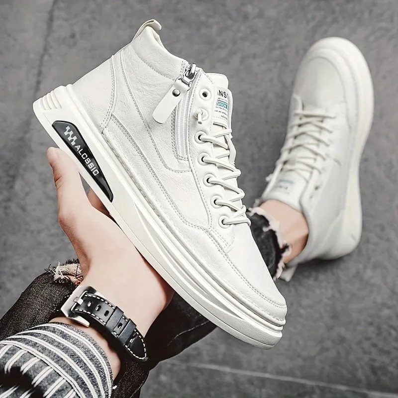 Trendy Faux Leather Men's High Top Skate Shoes with Elastic Shoelace and Zipper, Non Slip Comfy Casual Shoes for All Seasons Outdoor Traveling Street Walking