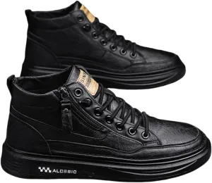 Trendy Faux Leather Men's High Top Skate Shoes with Elastic Shoelace and Zipper, Non Slip Comfy Casual Shoes for All Seasons Outdoor Traveling Street Walking