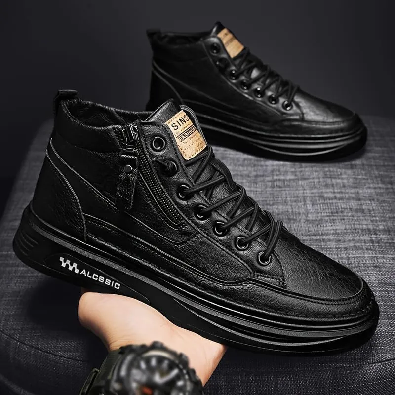 Trendy Faux Leather Men's High Top Skate Shoes with Elastic Shoelace and Zipper, Non Slip Comfy Casual Shoes for All Seasons Outdoor Traveling Street Walking