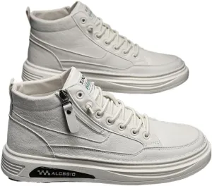 Trendy Faux Leather Men's High Top Skate Shoes with Elastic Shoelace and Zipper, Non Slip Comfy Casual Shoes for All Seasons Outdoor Traveling Street Walking