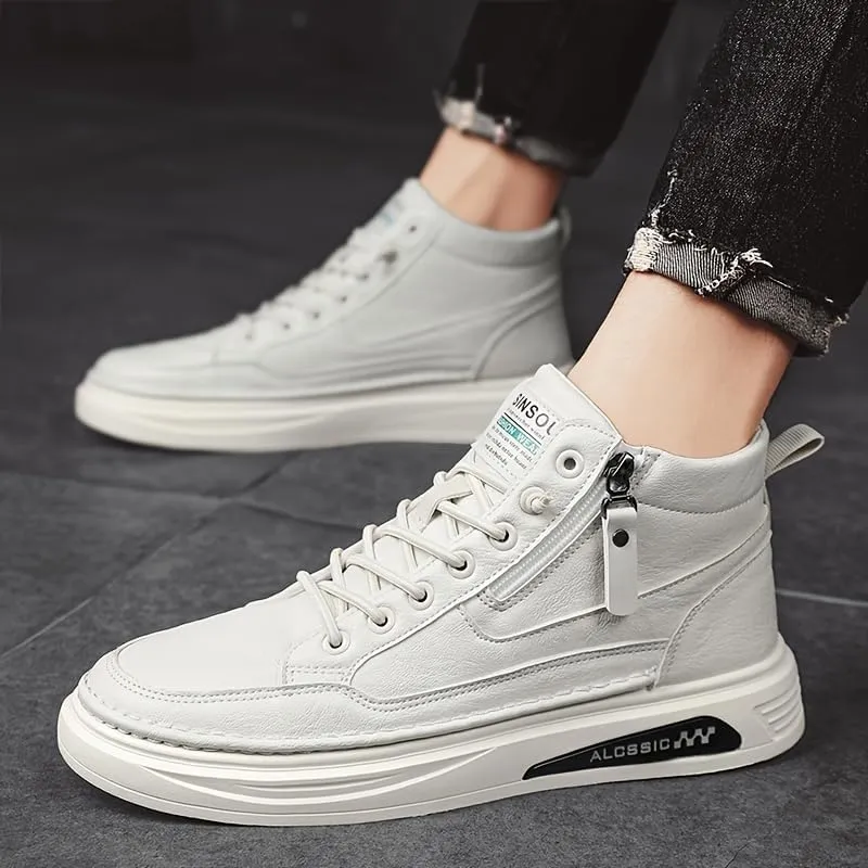 Trendy Faux Leather Men's High Top Skate Shoes with Elastic Shoelace and Zipper, Non Slip Comfy Casual Shoes for All Seasons Outdoor Traveling Street Walking