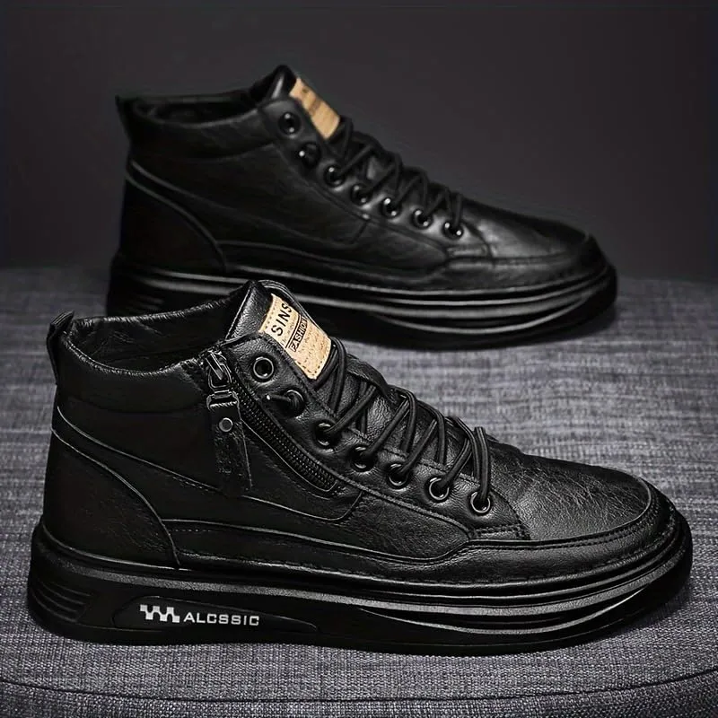Trendy Faux Leather Men's High Top Skate Shoes with Elastic Shoelace and Zipper, Non Slip Comfy Casual Shoes for All Seasons Outdoor Traveling Street Walking