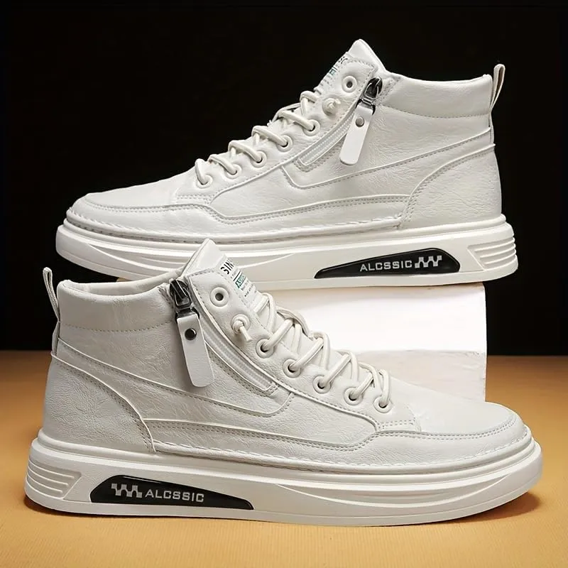 Trendy Faux Leather Men's High Top Skate Shoes with Elastic Shoelace and Zipper, Non Slip Comfy Casual Shoes for All Seasons Outdoor Traveling Street Walking