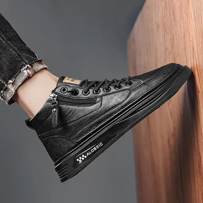 Trendy Faux Leather Men's High Top Skate Shoes with Elastic Shoelace and Zipper, Non Slip Comfy Casual Shoes for All Seasons Outdoor Traveling Street Walking