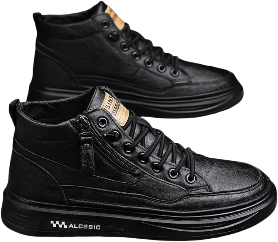 Trendy Faux Leather Men's High Top Skate Shoes with Elastic Shoelace and Zipper, Non Slip Comfy Casual Shoes for All Seasons Outdoor Traveling Street Walking