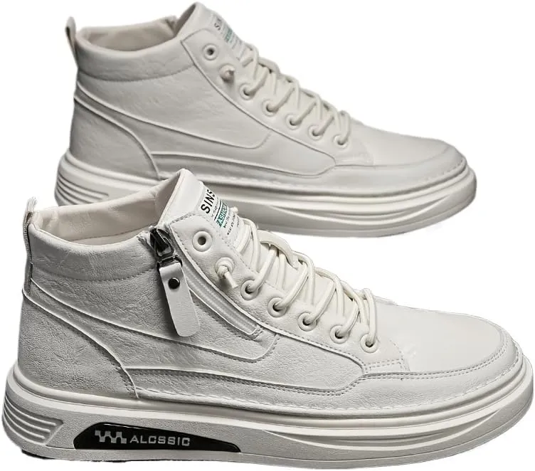 Trendy Faux Leather Men's High Top Skate Shoes with Elastic Shoelace and Zipper, Non Slip Comfy Casual Shoes for All Seasons Outdoor Traveling Street Walking