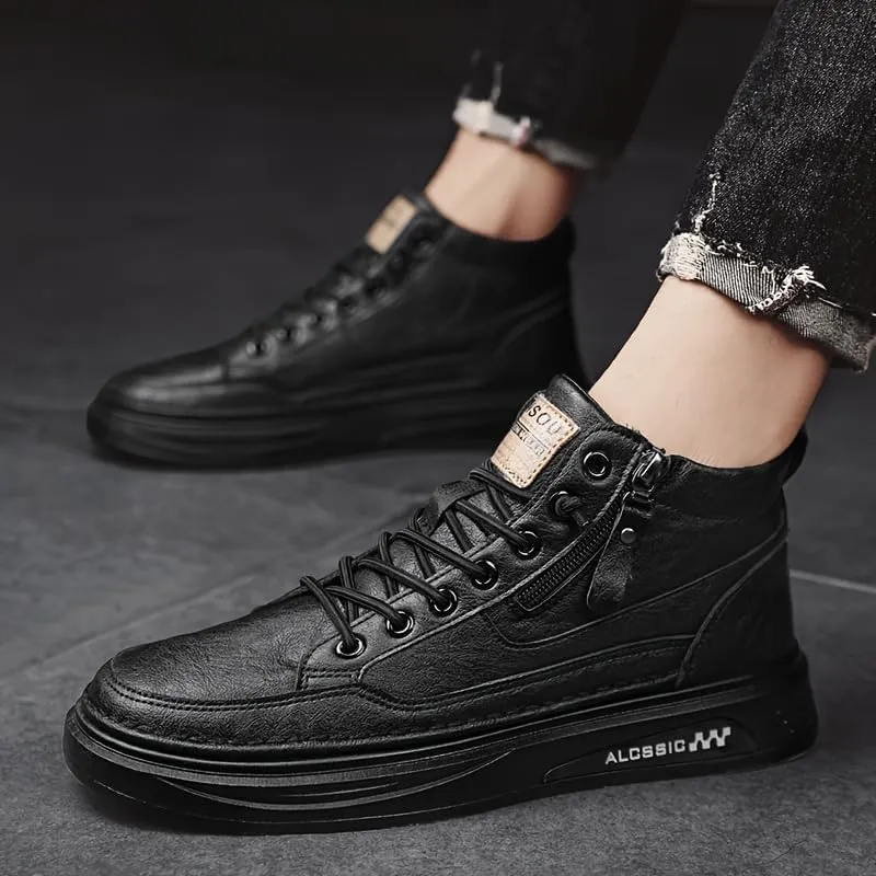 Trendy Faux Leather Men's High Top Skate Shoes with Elastic Shoelace and Zipper, Non Slip Comfy Casual Shoes for All Seasons Outdoor Traveling Street Walking